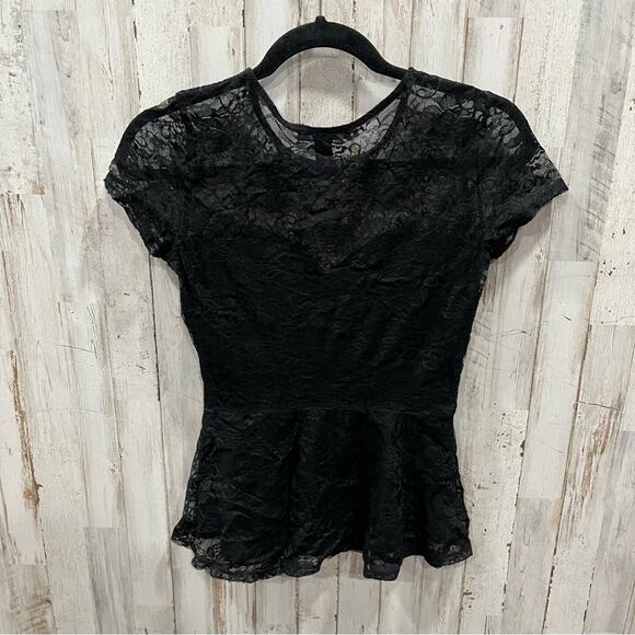 Forever 21 Black Lace Overlay Peplum Top Goth Wednesday - Picture 3 of 3